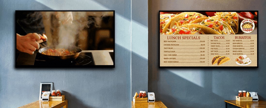 digital menu boards in restaurant on wall by tables