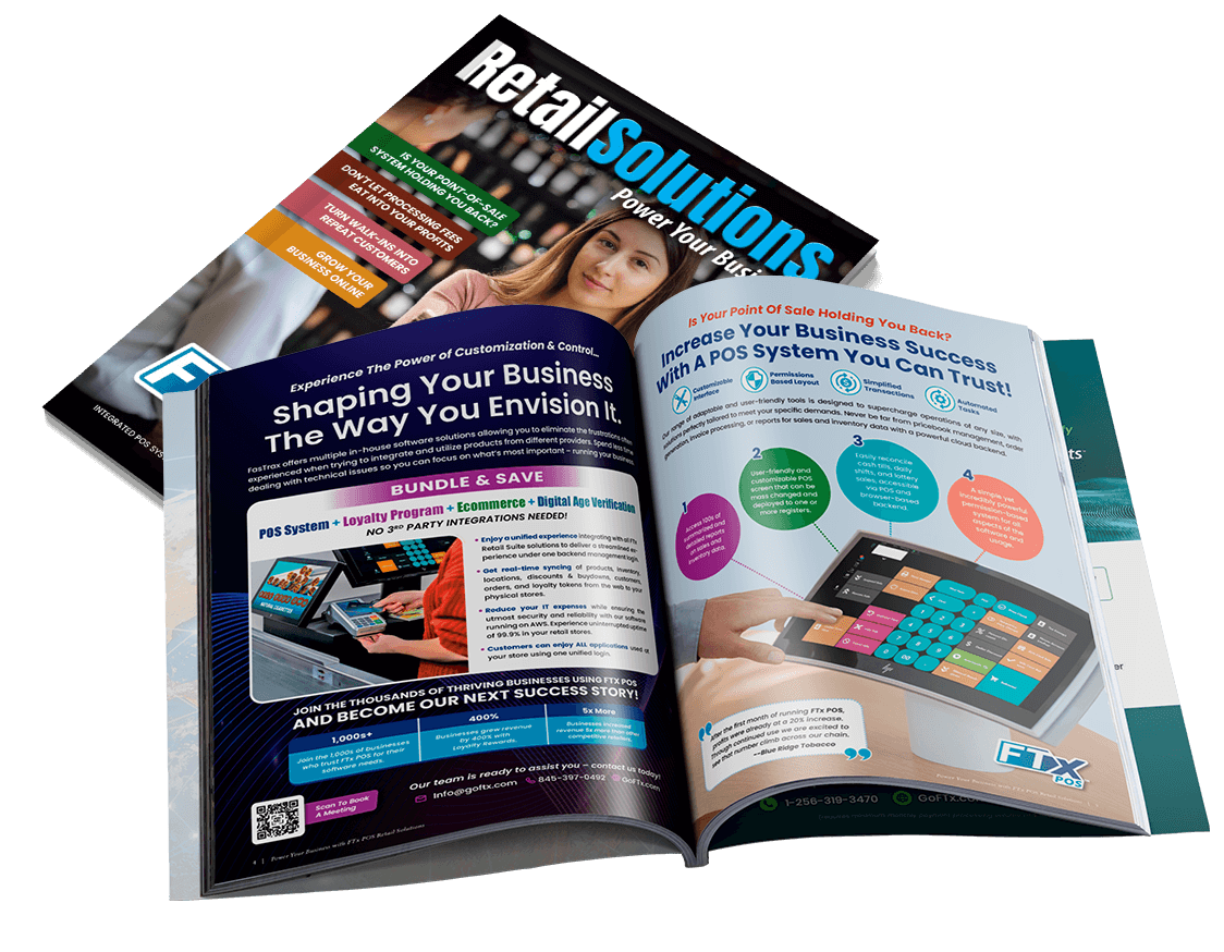 Retail Solutions Magazine by FTx POS page is open to an image of a touch screen POS machine