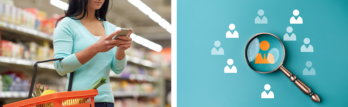 a woman at a grocery store checking her grocery loyalty app on her smartphone with a full basket of groceries.