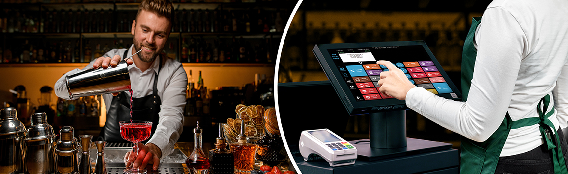 Bartender mixing a cocktail and a cashier using a POS system 