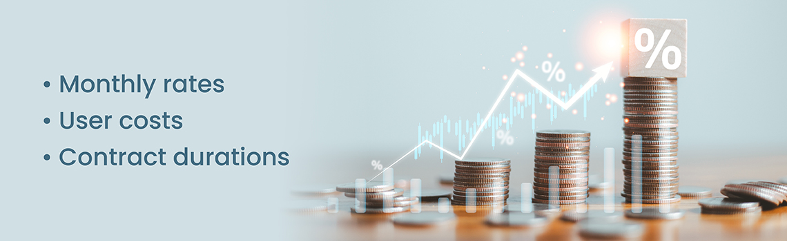 Stacked coins with growth chart and pricing factors listed