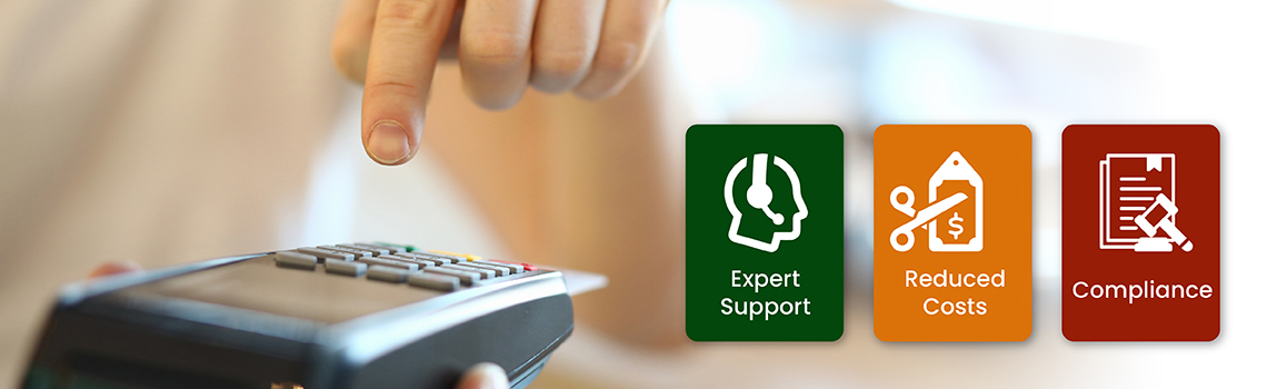 Person using a payment terminal with benefits like expert support, reduced costs, and compliance 