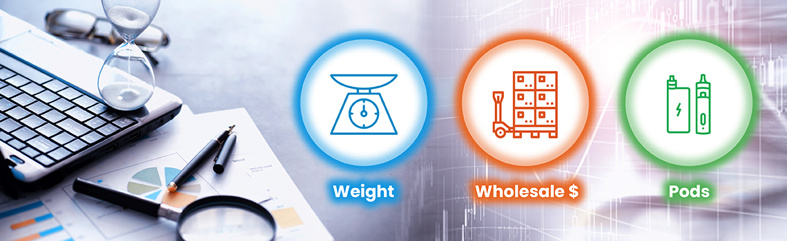 Business analytics concept with weight, wholesale pricing, and vape pods