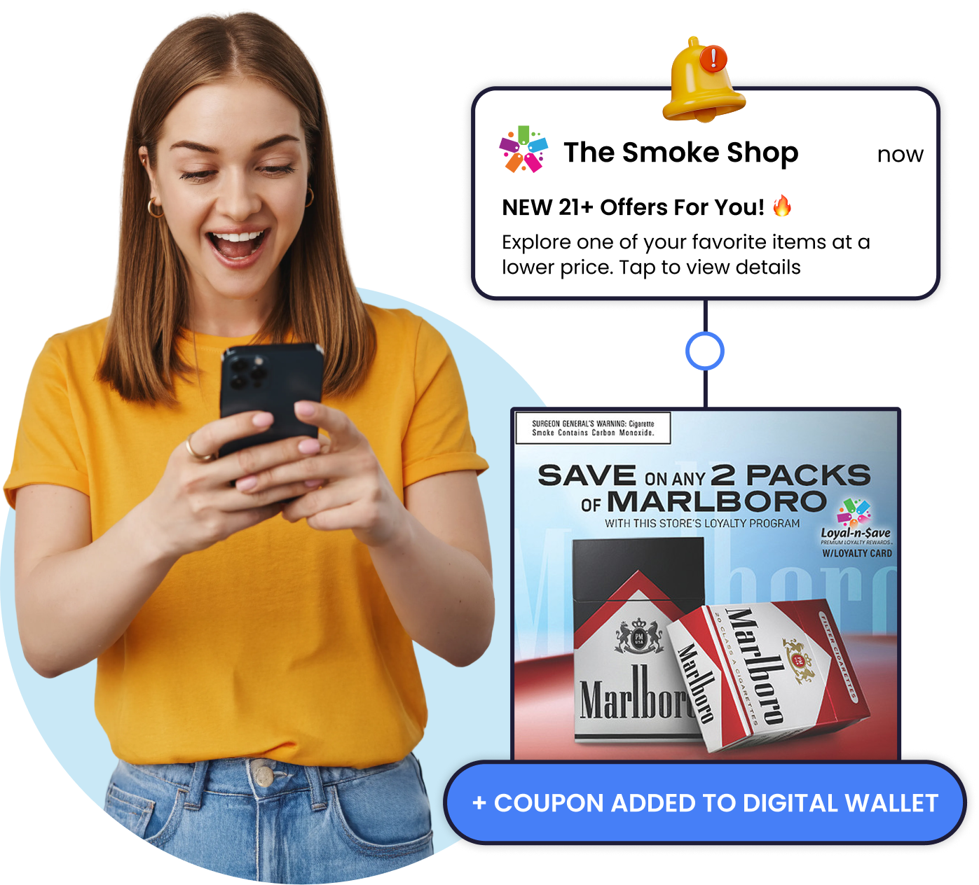 Customer accessing 21+ offers and adding to her digital wallet via Loyal-n-Save mobile app