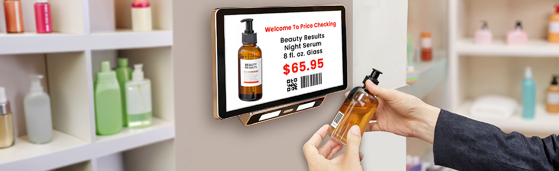 Customer Scanning a Product with a Digital Price Display Screen