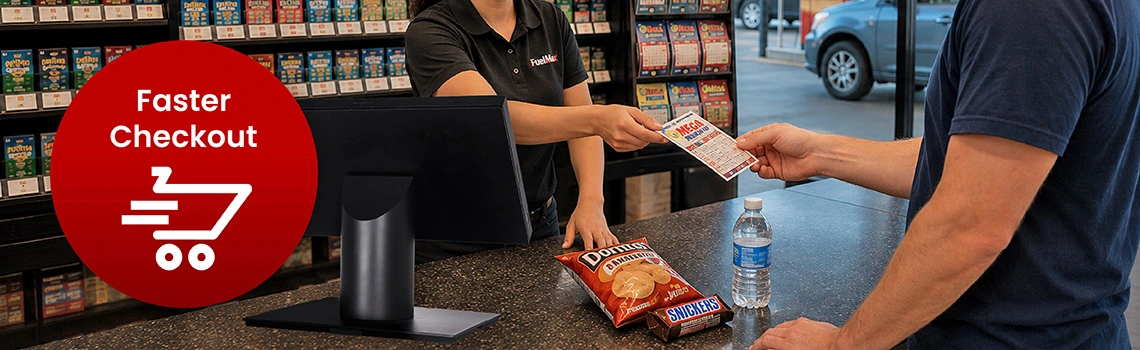 Customer Buying a Lottery Ticket at a Convenience Store Checkout